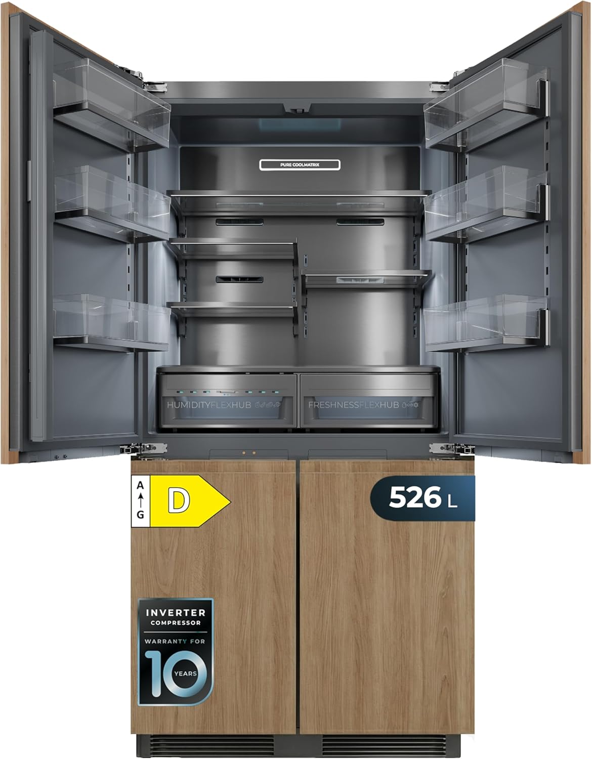 Cecotec Kühl-Gefrierkombination Bolero CoolSilver 4D BI 526 Elite D. AuraLED, Pure CoolMatrix, Freshness Flex + Humidity Flex HUB, CryoFreeze HUB, Ultra Fast Freezing -35 °C, Total No Frost