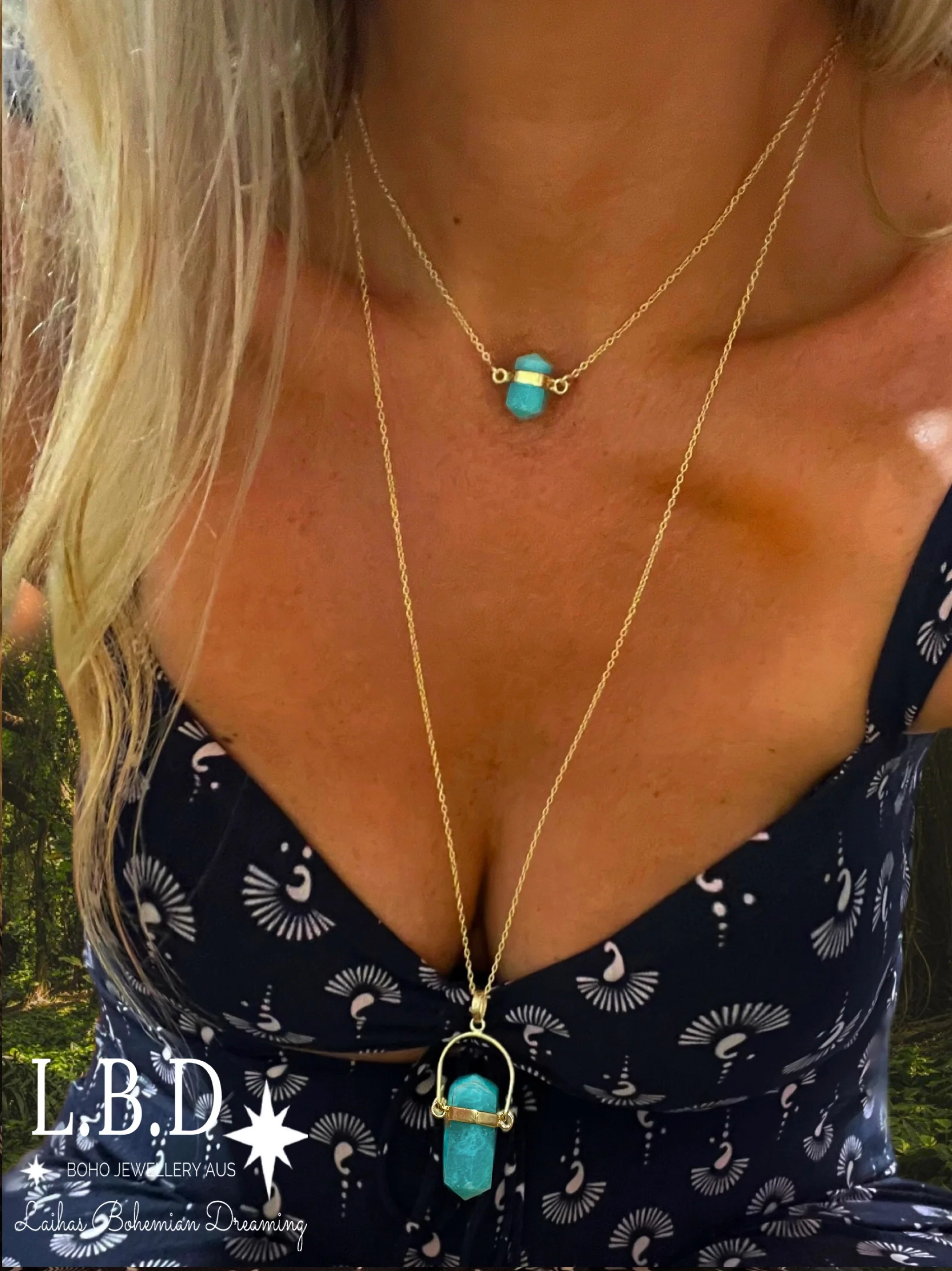 Laihas Large Crystal Kindness Gold Amazonite Necklace- Long Crystal Necklace