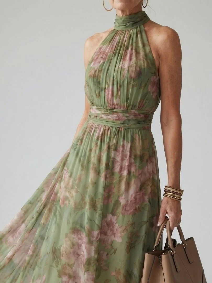 Womena??s Floral Halter Midi Dress Lightweight Summer Style