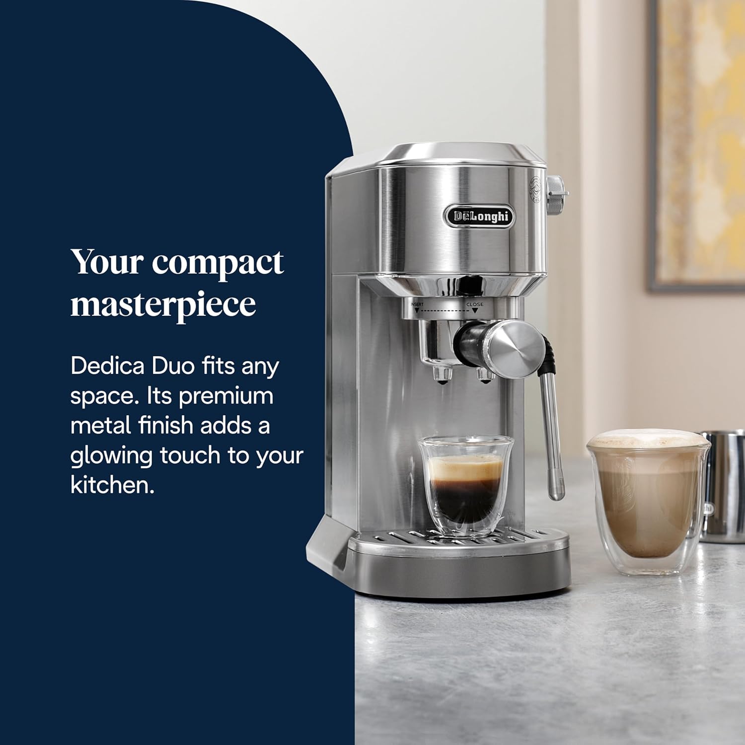 De'Longhi Dedica Duo - Perfetto Kompakte Siebträgermaschine Espressomaschine mit Soft-Touch-Icons, manuellem Milchaufschäumer für Espresso, Cappuccino und Cold Brew, 15cm breit, Metall (EC890.M)