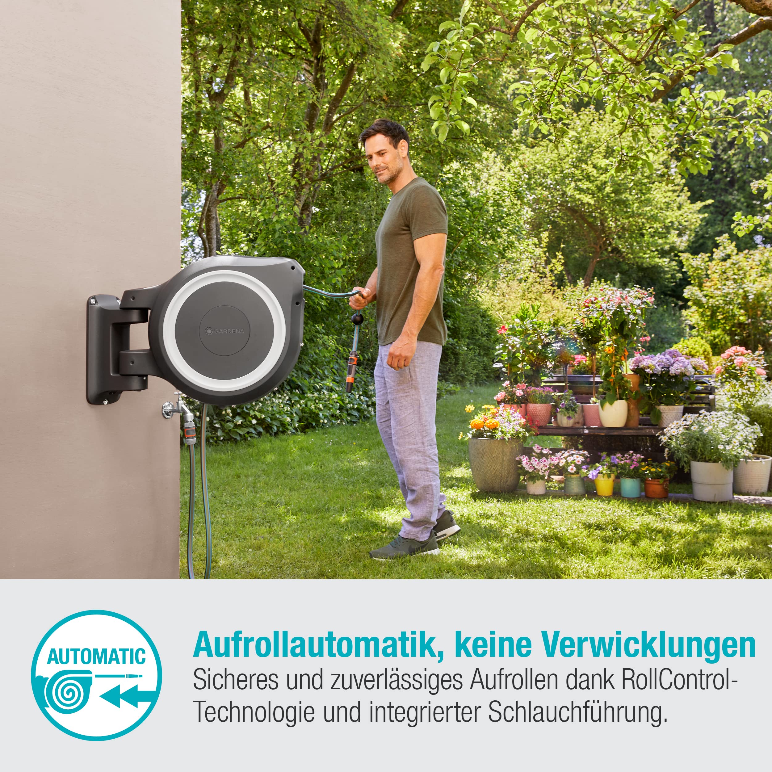 2025 Gardena Wandslangbox RollUp M/L (wit) 25 m: flexibele beregening voor middelgrote tot grote tuinen, draaibare slangbox, incl. 25 m Gardena kwaliteitslang en montagemateriaal (18622-20)
