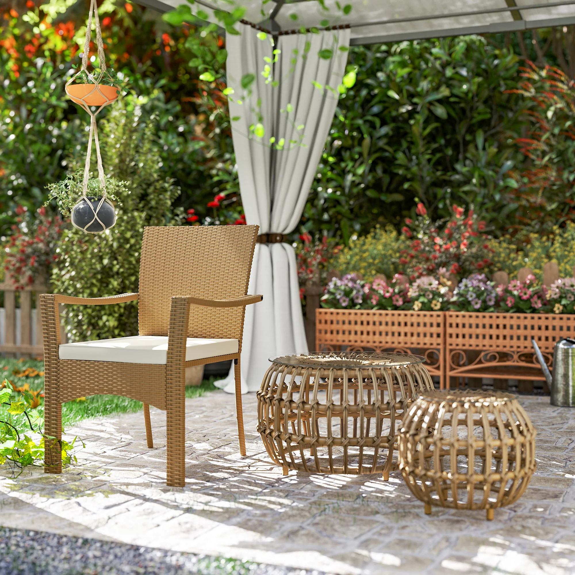 Outsunny 2-delige Set Bijzettafels Polyrattan Ø66/42 cm Rond Weerbestendig met Glazen Blad - Bruin