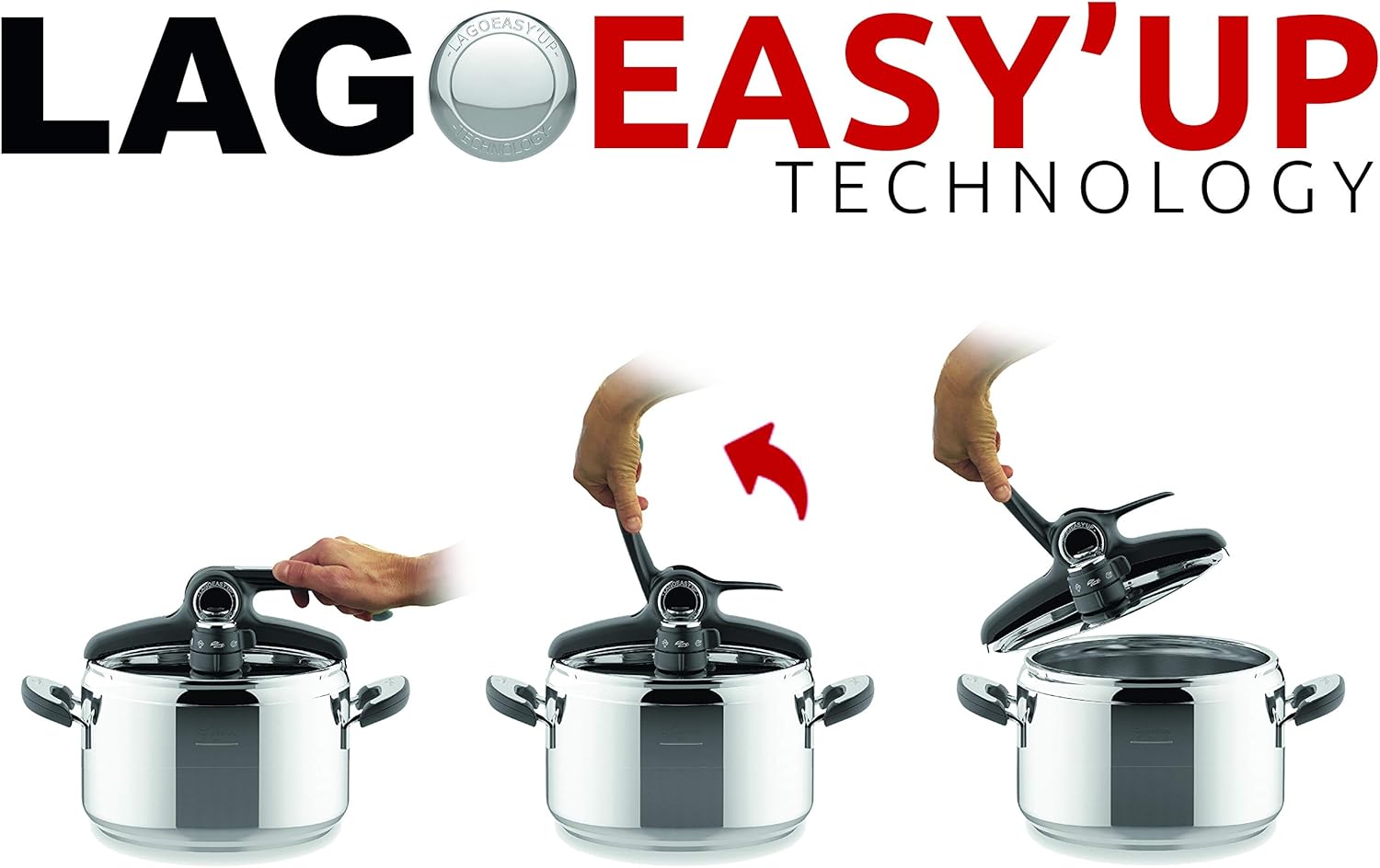 Lagostina Briosa LagoeasyUp Pentola a Pressione in Acciaio Inox 18/10 con Apertura Facile, Fondo Lagofusion e Valvola a Due Pressioni, Pentola a Pressione per Induzione e Gas, Capacità 5L