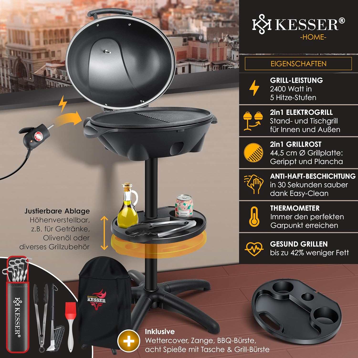 KESSER® elektrischer Elektrogrill 2in1 Tischgrill-Standgrill mit Deckel Standfuß, max. 2400 Watt Thermometer, Antihaftbeschichtung XXL Grillplatte, Ablagefläche Elektro-Säulengrill, Inkl. Grill- Set
