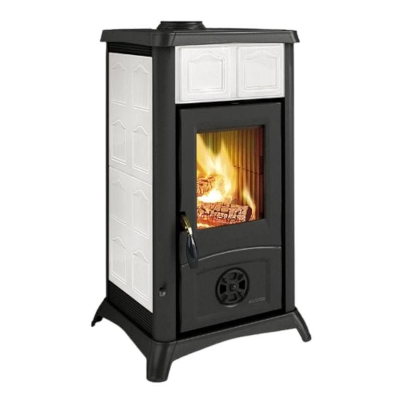 Stufa a legna con struttura in ghisa e rivestimento esterno in maiolica decorata 6 kw Gemma Elegance Bordeaux Nordica