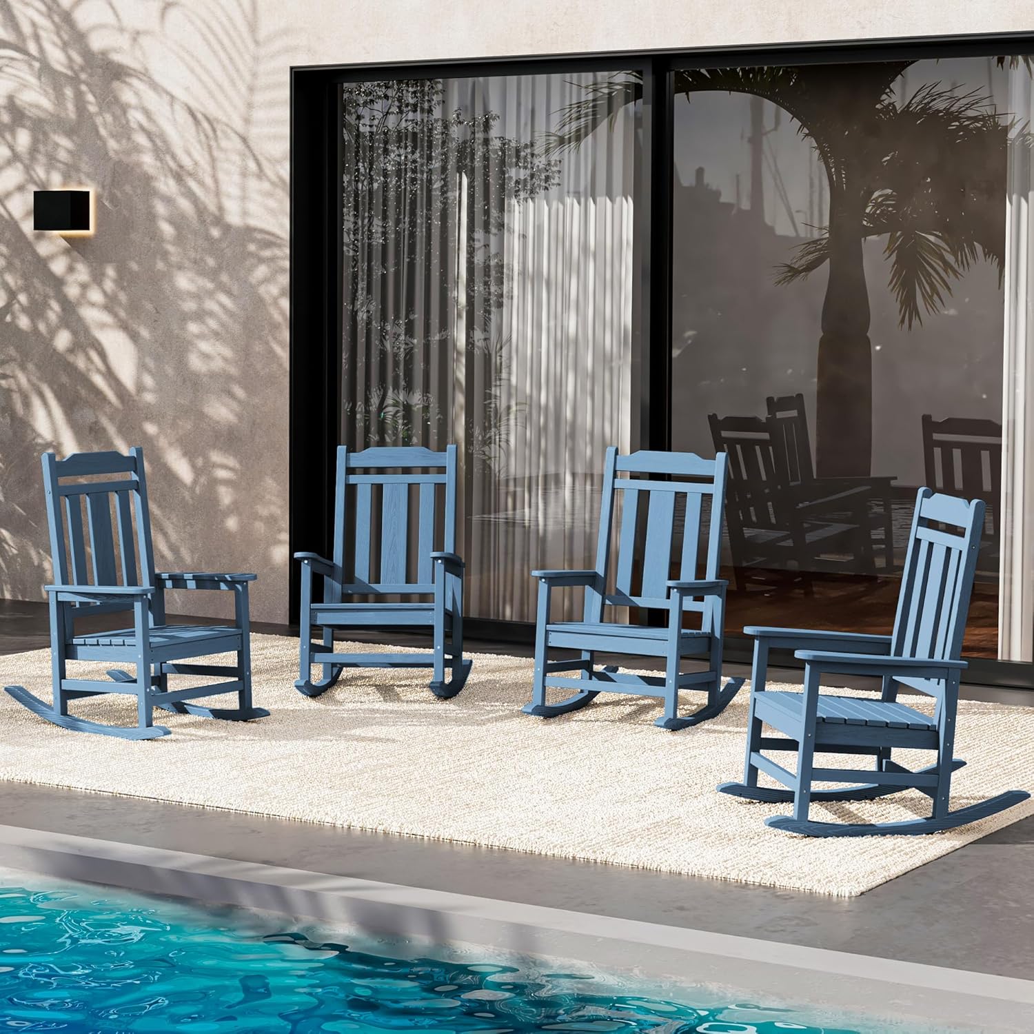 SERWALL Oversized Rocking Chair Set of 4 Outdoor  HDPE Outdoor Rocking Chair Set of 4  Blue