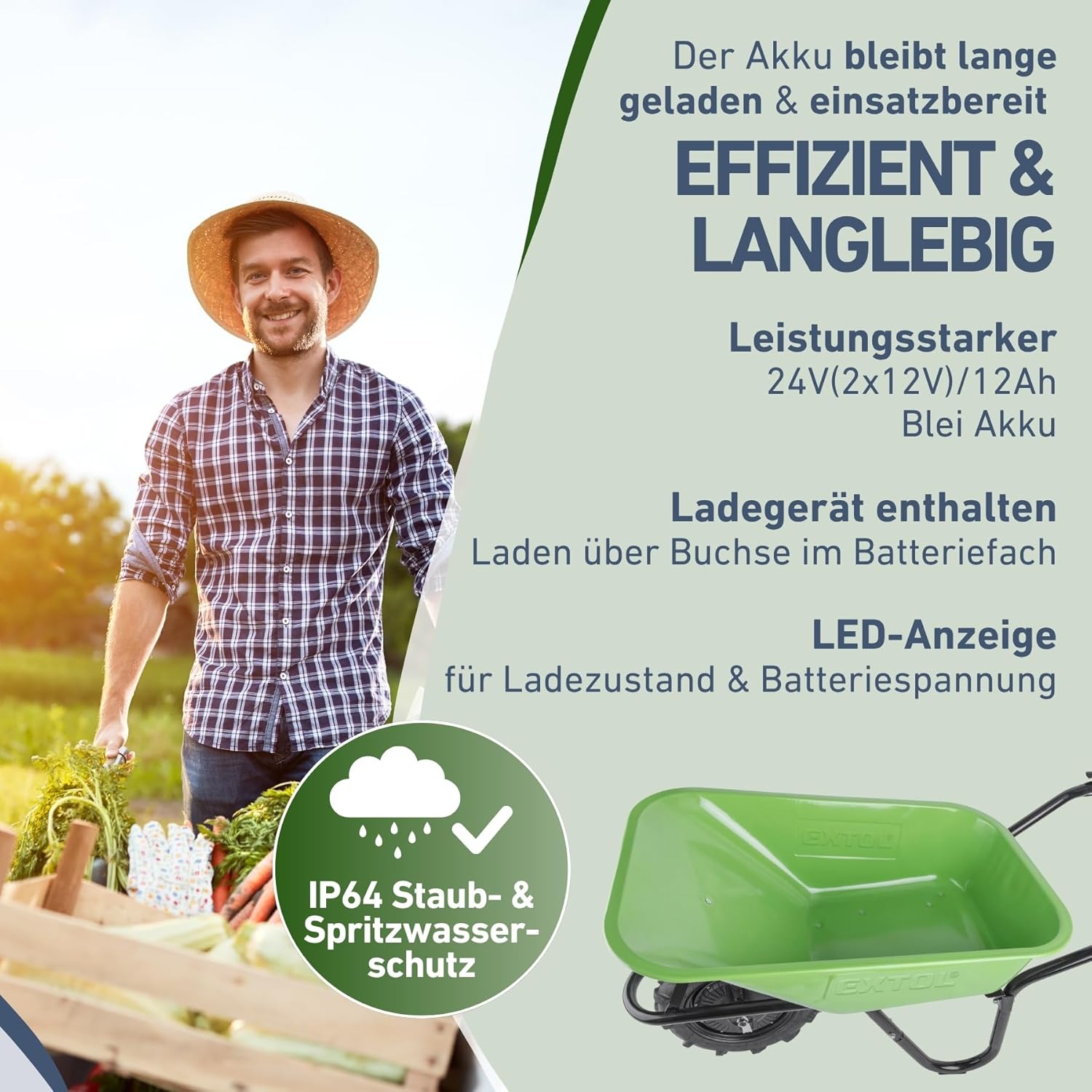 Extol Craft elektrische Schubkarre mit Akku, 500 W, 80 L Mulde & 150 kg Traglast, leistungsfähige Motorschubkarre, Offroad-taugliche Akkuschubkarre, mit Zwei 12V Blei Batterien