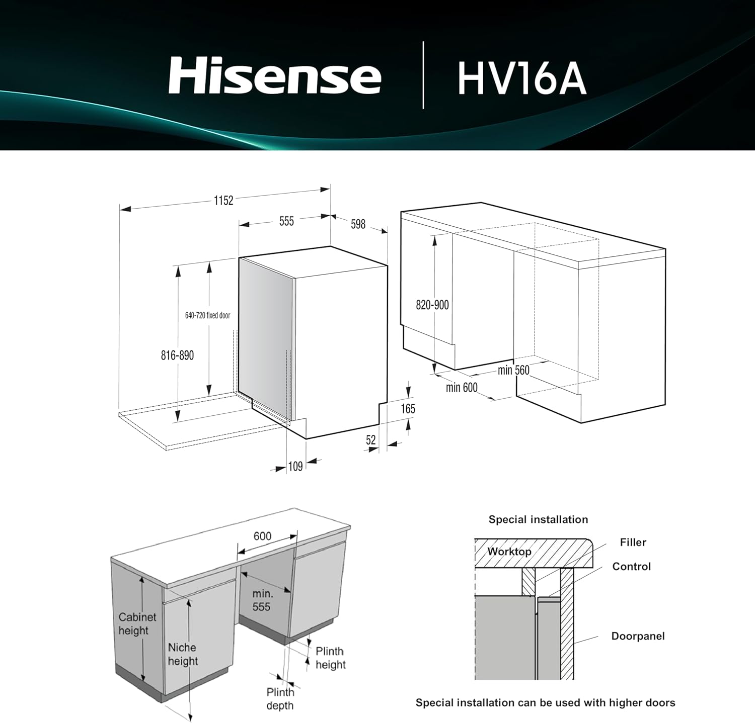Hisense HV16A - Lavastoviglie, 16 coperti, 3 cesto, 8 programmi, motore inverter, partenza ritardata, total dry, Intensive Clean Zone, touch, incasso