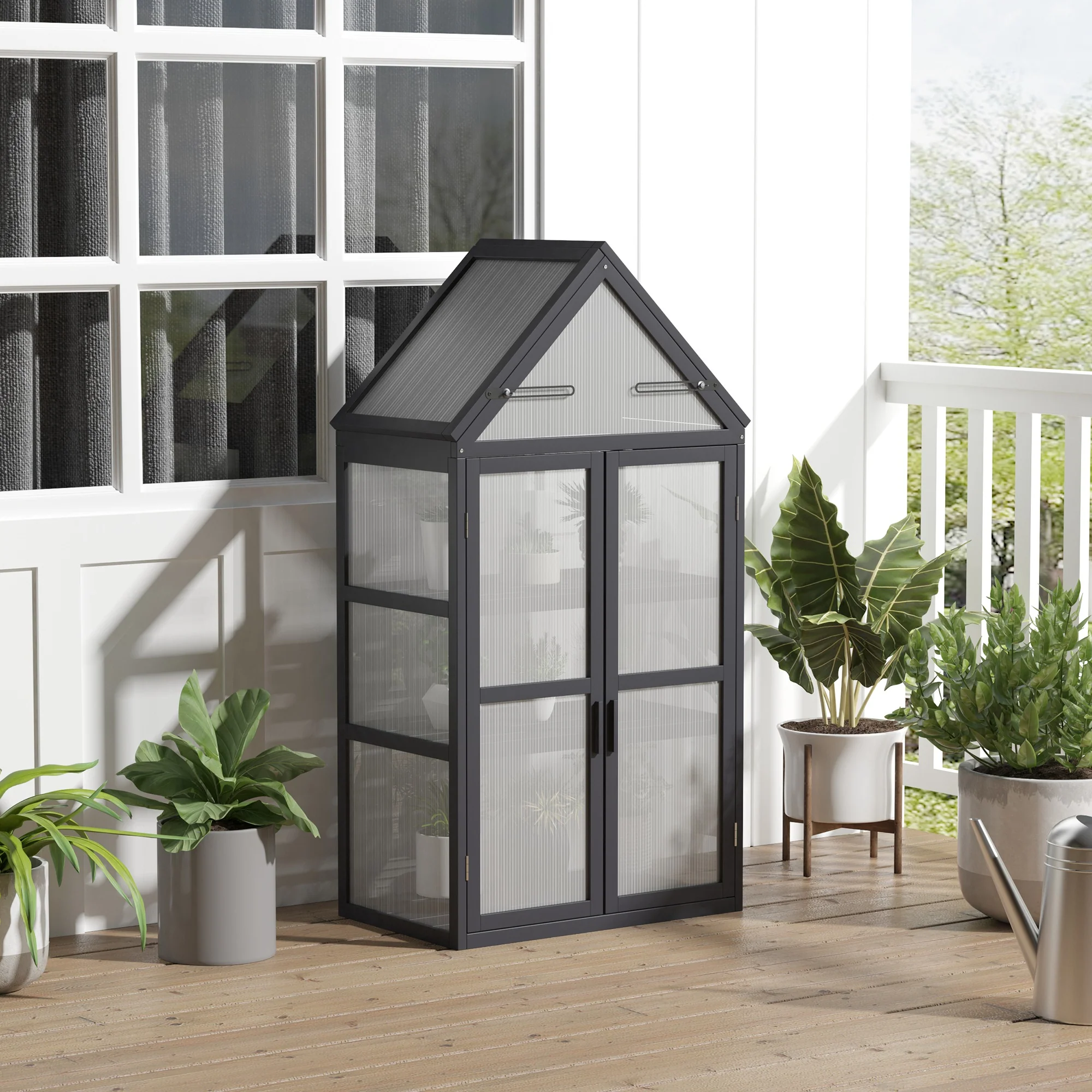 Outsunny kas met 3 planken, massief hout, behuizing van polycarbonaat, grijs, 70,5 x 42 x 132 cm