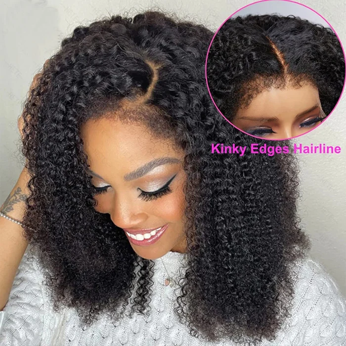 4C Edge Hybrid Hairline Kinky Curly HD Lace Human Hair Wig With Curly Edges Baby Hair Wigs
