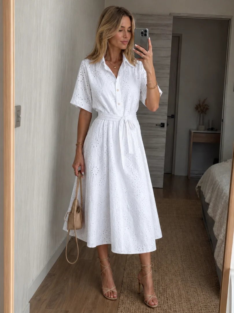 Womena??s Midi Dress Short Sleeve Button Front with Waist Tie