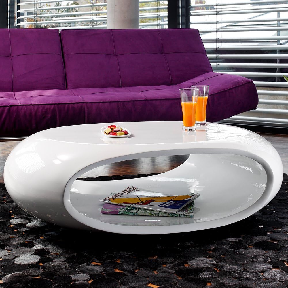 SalesFever Couch-Tisch Hochglanz weiß oval 100x70 cm aus Fiberglas | Ofu | Moderner Wohnzimmer-Tisch in Weiss mit Trendiger Optik durch High-Gloss Oberfläche 100cm x 70cm