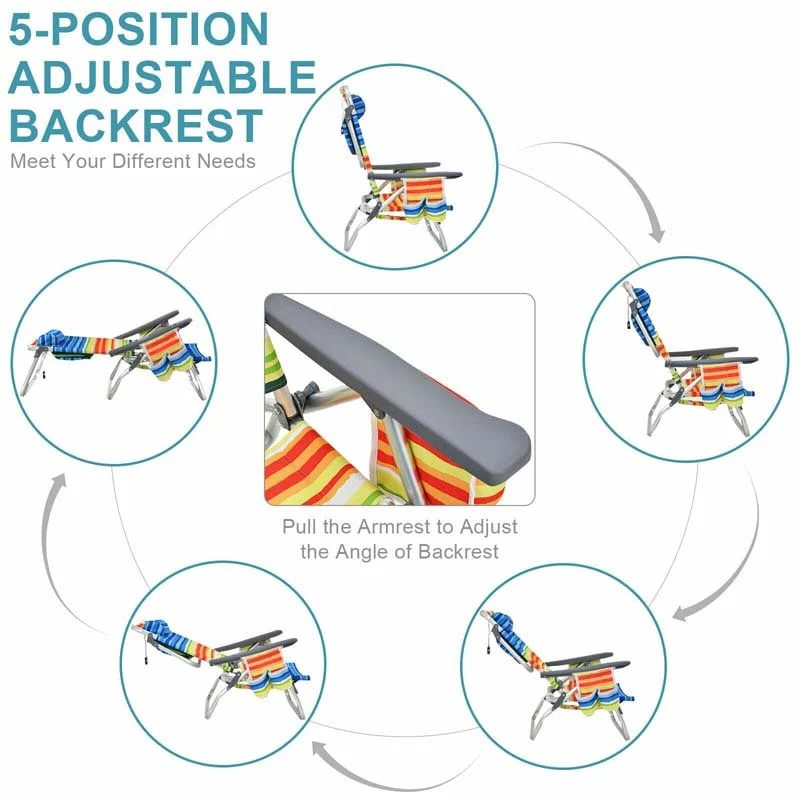 2-Pack Folding Beach Chair, Backpack Lawn Chairs, Sling Camping Chair, Patio Reclining Chairs with 5 Adjustable Position, Head Pillow