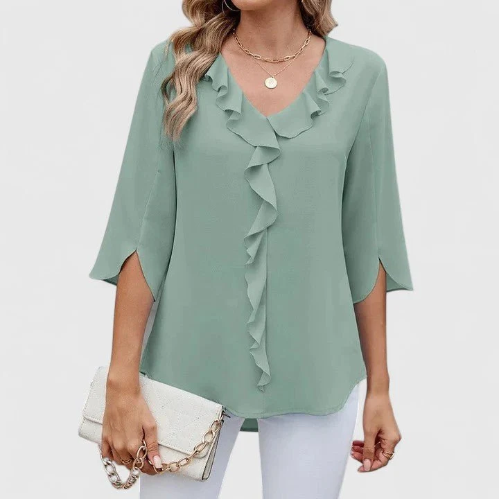Women's Chiffon Blouse Ruffle V-Neck Half-Sleeve Style
