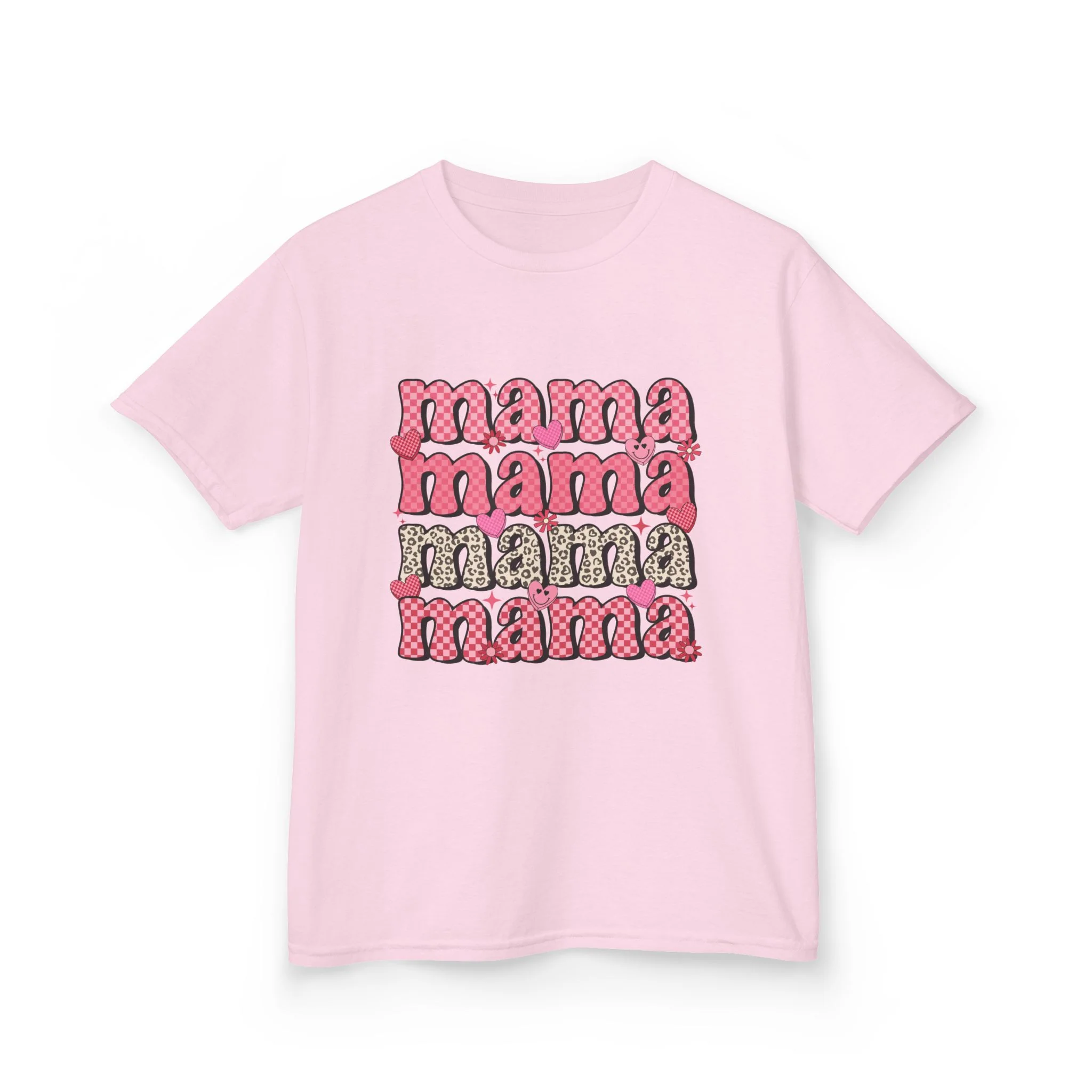 mama stacked text Kids Tee | Retro Pink Pattern