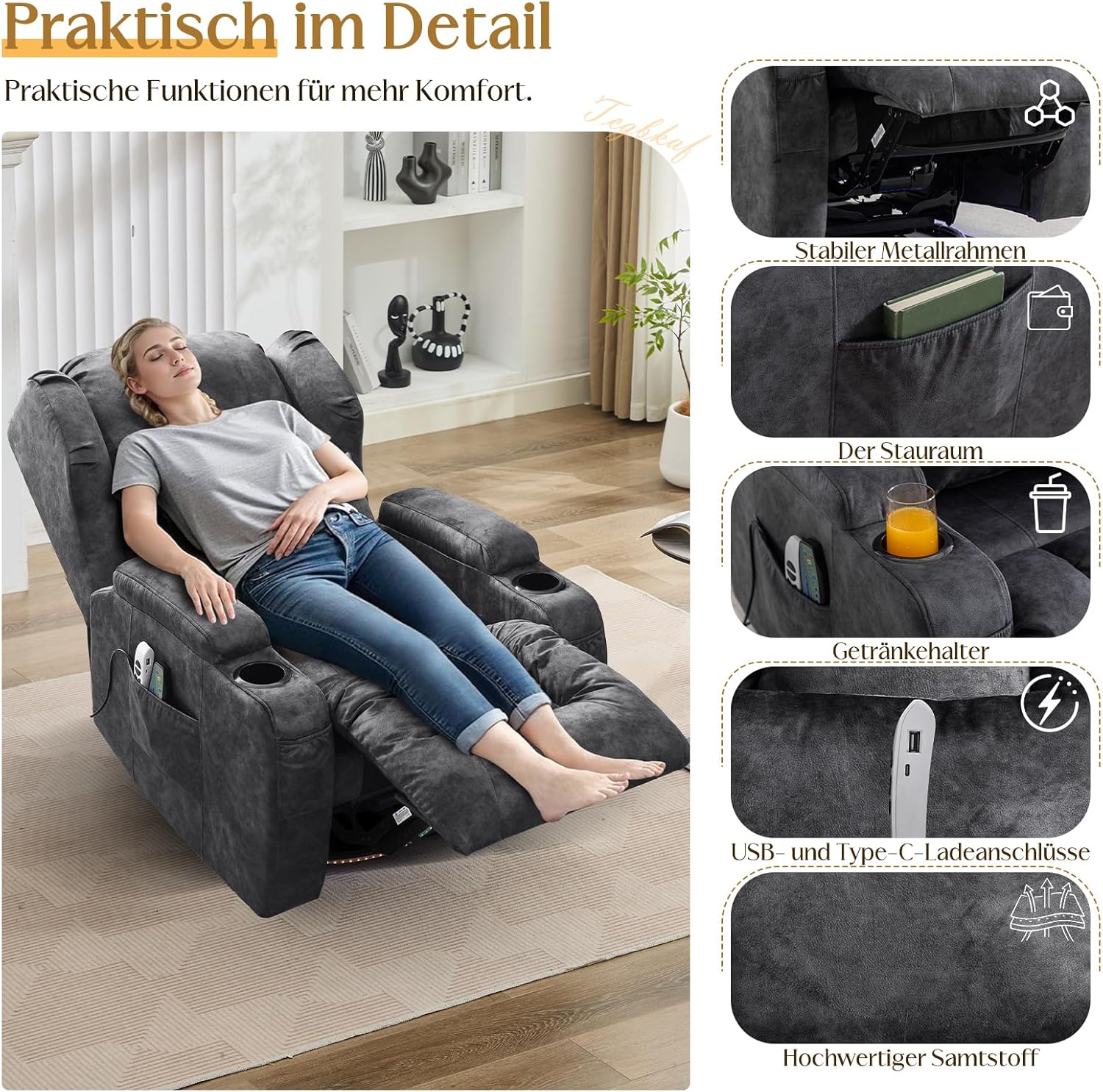 Elektrischer Fernsehsessel Relaxsessel mit Liegefunktion,240°Drehsessel Kinosessel Massagesessel mit Wärmefunktion,TV Sessel Liegesessel fürs Wohnzimmer bis 150kg (Samtstoff, Grau)