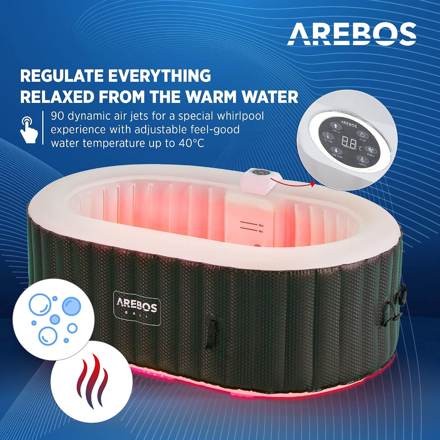 Arebos Whirlpool mit LED Beleuchtung | Aufblasbar | In- & Outdoor | 190x120 cm oval | 2 Personen | 90 Massagedüsen | mit Heizung | 550 Liter | Inkl. Abdeckung | Bubble Spa & Wellness Massage
