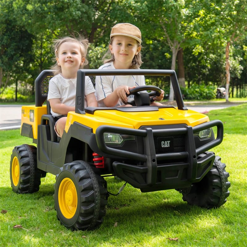 24V 4WD 2-Seater Ride on Dump Truck Licensed Caterpillar Electric Vehicle with Remote Control & Soft Start, Kids Ride On UTV Car with Dump Bed
