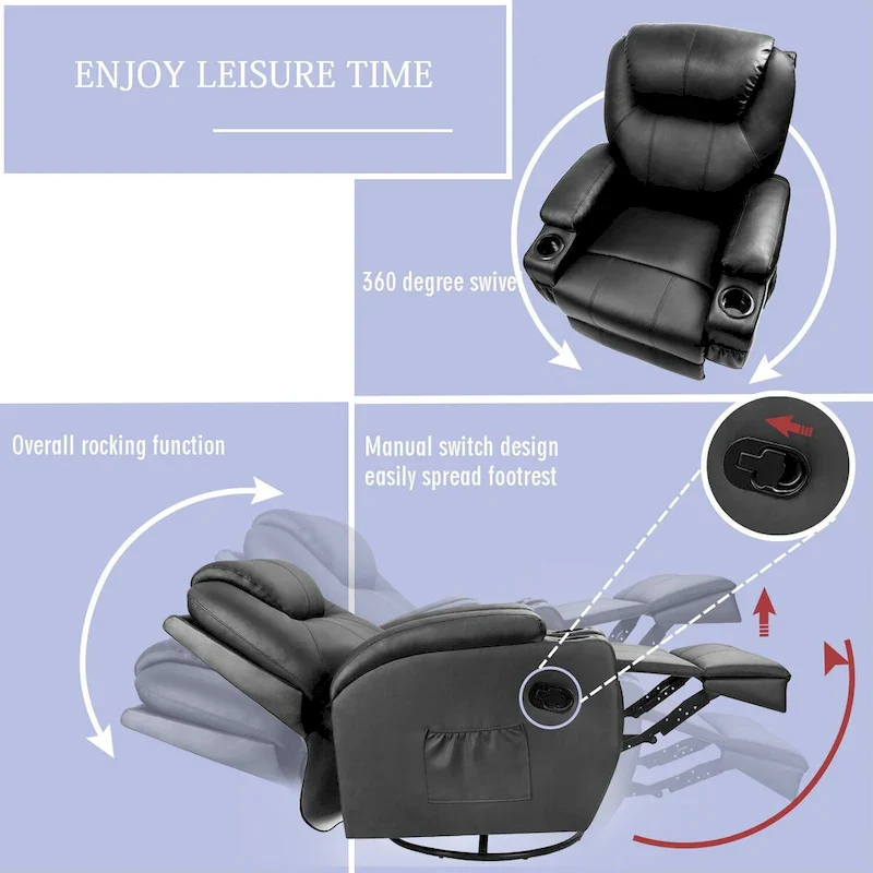 Massage Recliner Chair Swivel Heating Faux Leather Living Room Chair