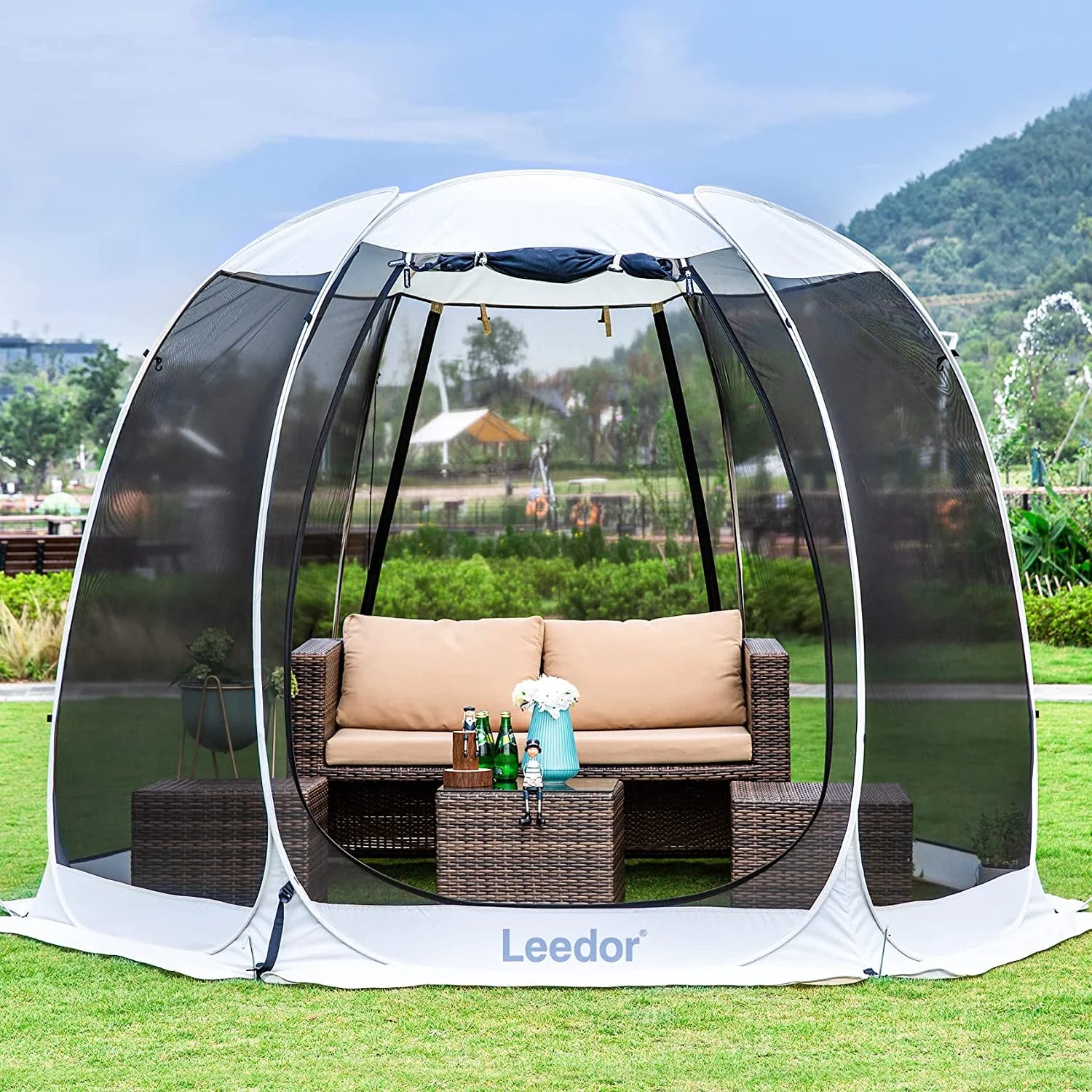 Leedor Instant Shelter met Muskietennet, Outdoor Paviljoen voor Terras, Zonnescherm 3m x 3m, Grijs