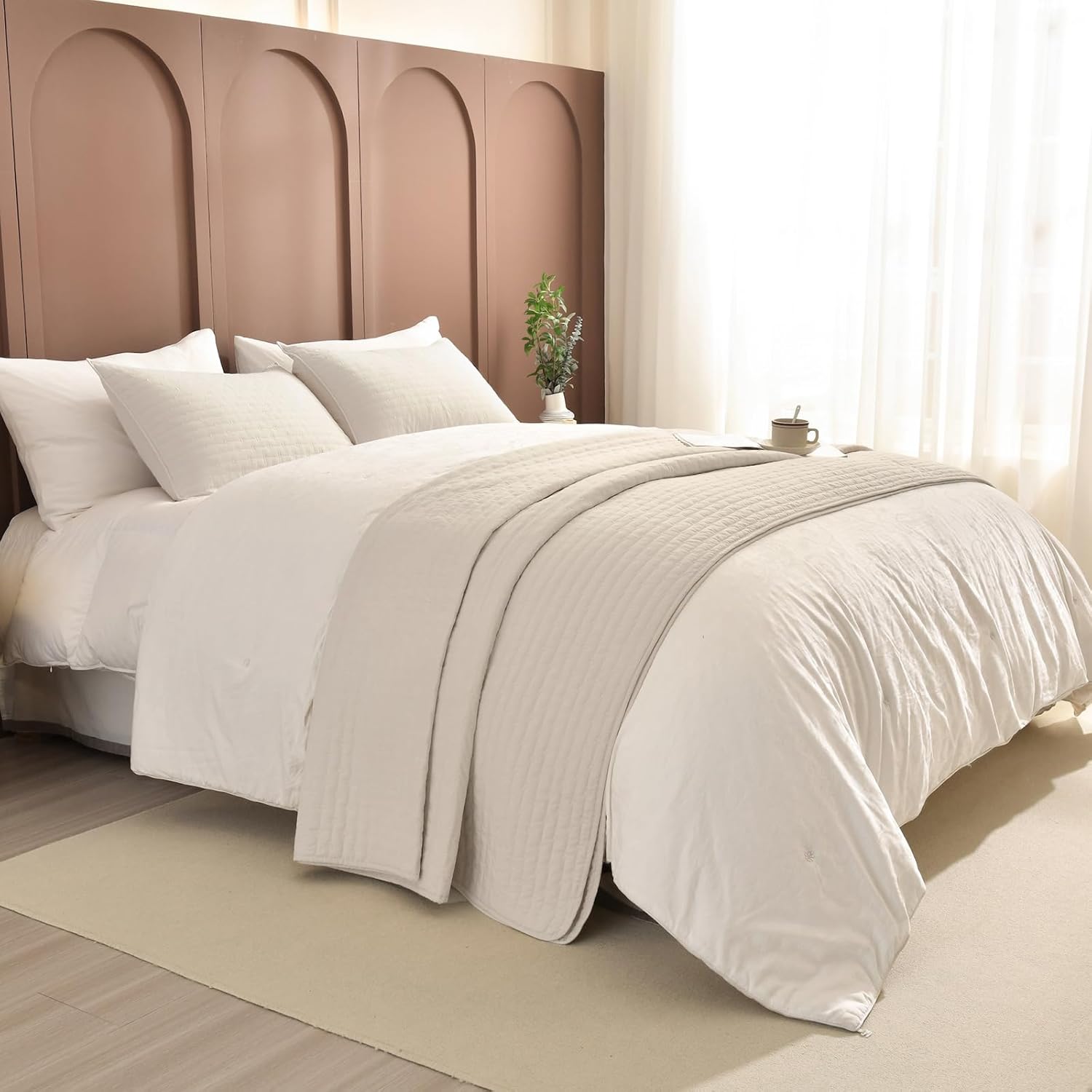Sanracie Oversized Cal King Bedspread 128"*120" for Extra Bed, 3pcs 100% Cotton Quilt Wheat Colored Ultra Large Wide Oversized King Plus Coverlet Thin Comforter Ultra Soft and Cozy