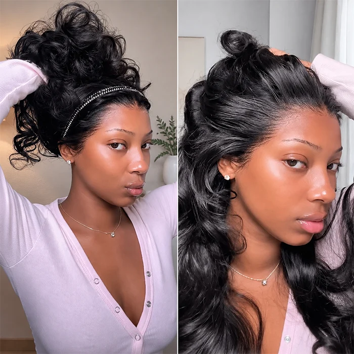 Pull And Go 13x6 HD Lace Frontal Glueless Wig With Adjustable Drawstring Pre Plucked Pre Bleached Body Wave Human Hair Wig