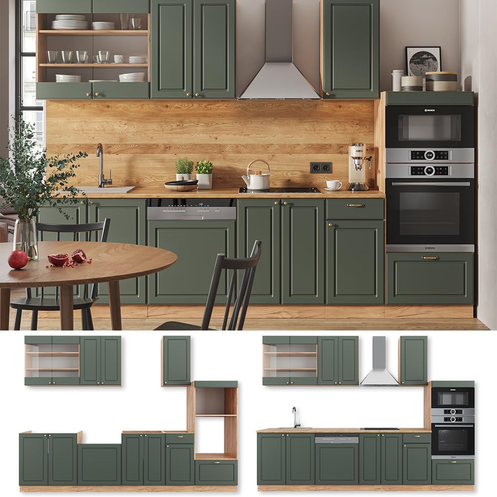 Vicco Küchenzeile Fame-Line, Grün-Gold Landhaus/Goldkraft Eiche, 300 cm mit Hochschrank, AP Eiche