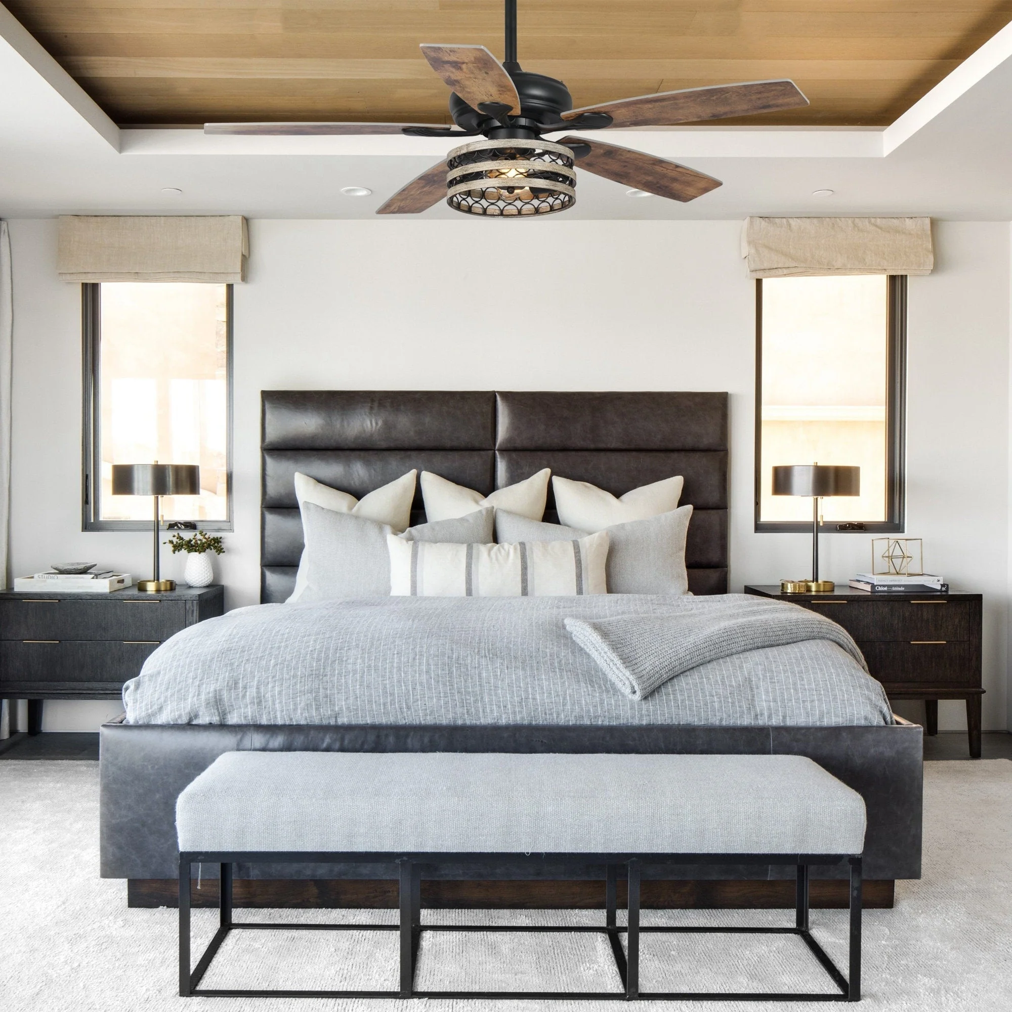 52 Farmhouse Driftwood 5-Blade Black Caged Ceiling Fan with Remote