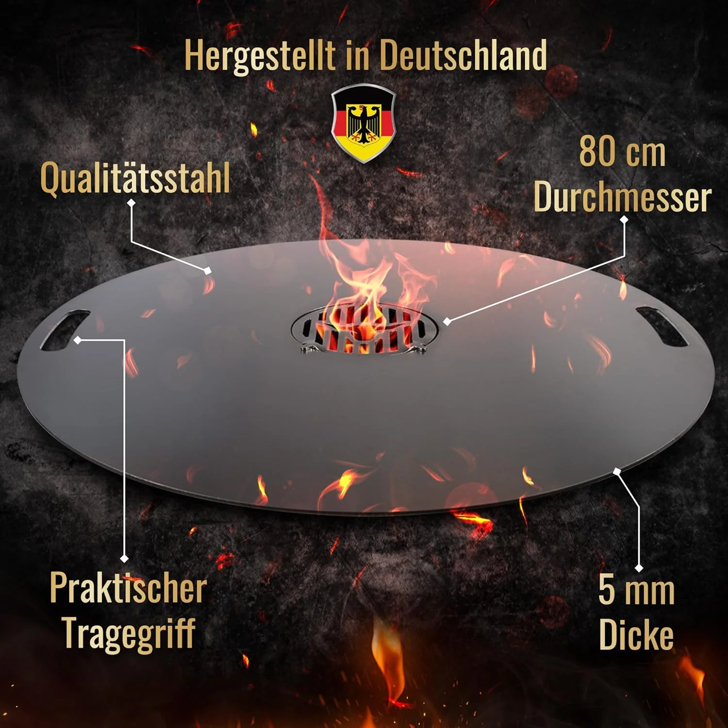 Feuerplatte für Kugelgrill Handgriffe 90 cm, 5 mm Stärke #921 – INKL. Grilleinsatz, Grillplatte für Feuertonne & Feuerschale, Massive Stahlplatte Plancha Grillring für BBQ & Teppanyaki