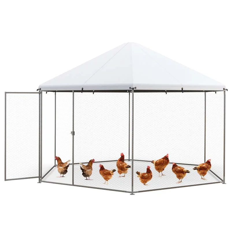 13FT Large Metal Chicken Run, Hexagon Chicken Coop Walk-in Poultry Cage with Waterproof Cover & Lockable Door for Outdoor Backyard Farm