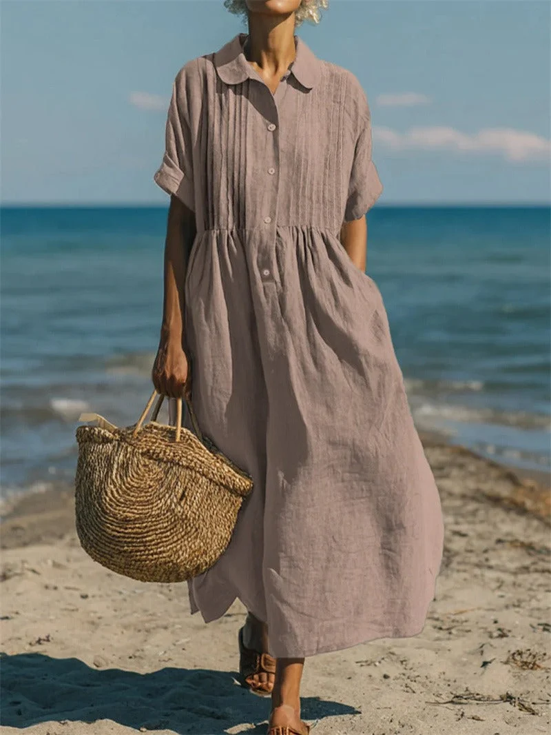 Women��s Midi Dress Breathable Cotton Button-Front Summer Style