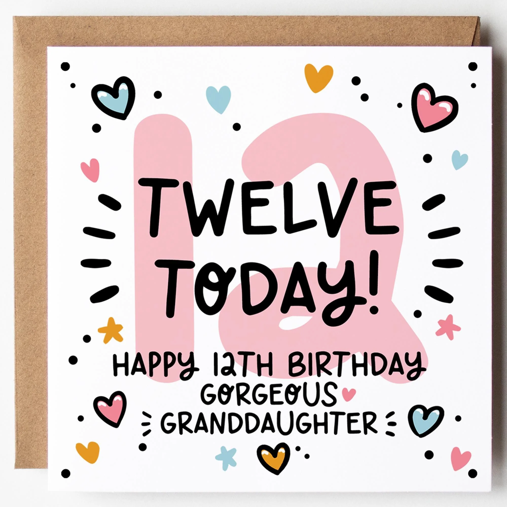 Granddaughter 12th Birthday Card; Twelve Today, with Kraft Envelope