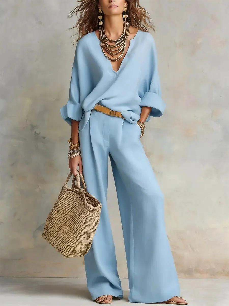 Women��s Two-Piece Pants Set Relaxed V-Neck Wide Leg Style