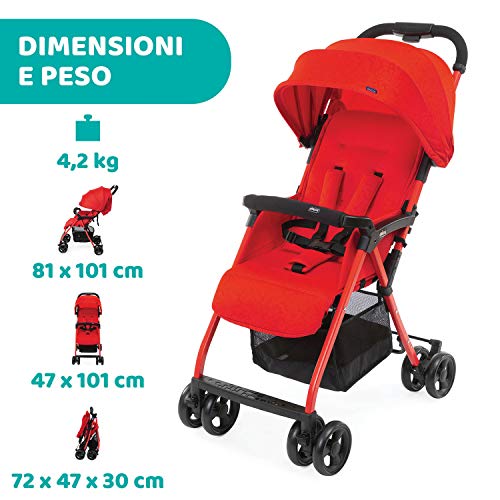 Chicco OHlalà 3 Passeggino Ultraleggero da 0 Mesi a 15 kg, Passeggino Reclinabile e Pieghevole con Cestello Capiente, Chiusura Compatta, Parapioggia e Cappottina Estendibile   Rosso : Prima infanzia
