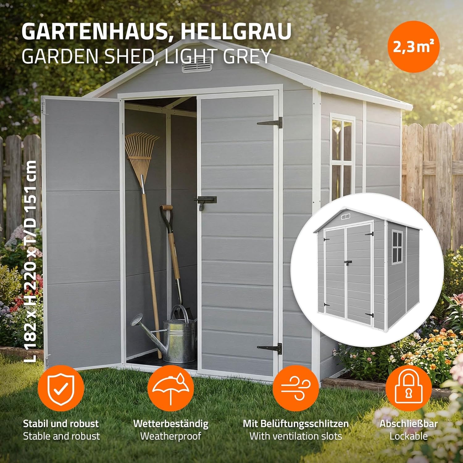 ECD Germany Gartenhaus Kunststoff mit Boden, Gerätehaus wetterfest, 5m³, 151x182x220 cm, Hellgrau, Geräteschuppen mit Satteldach, Fenster, Doppeltür & Belüftung, Gartenschuppen, Outdoor Aufbewahrung