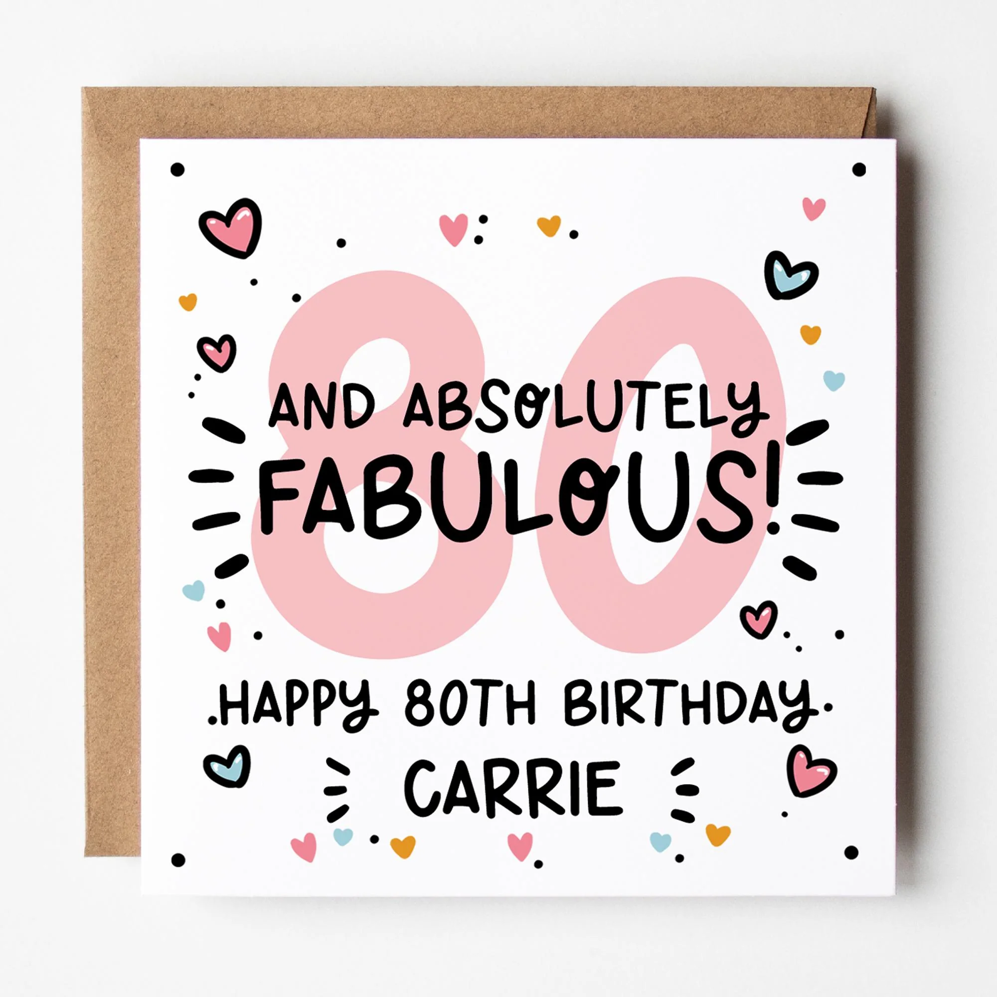 Fabulous 80th Birthday Card for Her: Personalised with Kraft envelope