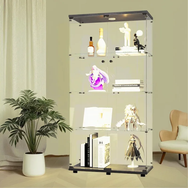 Lighted Two Door Glass Cabinet Glass Display Cabinet with 4 Shelves, Black