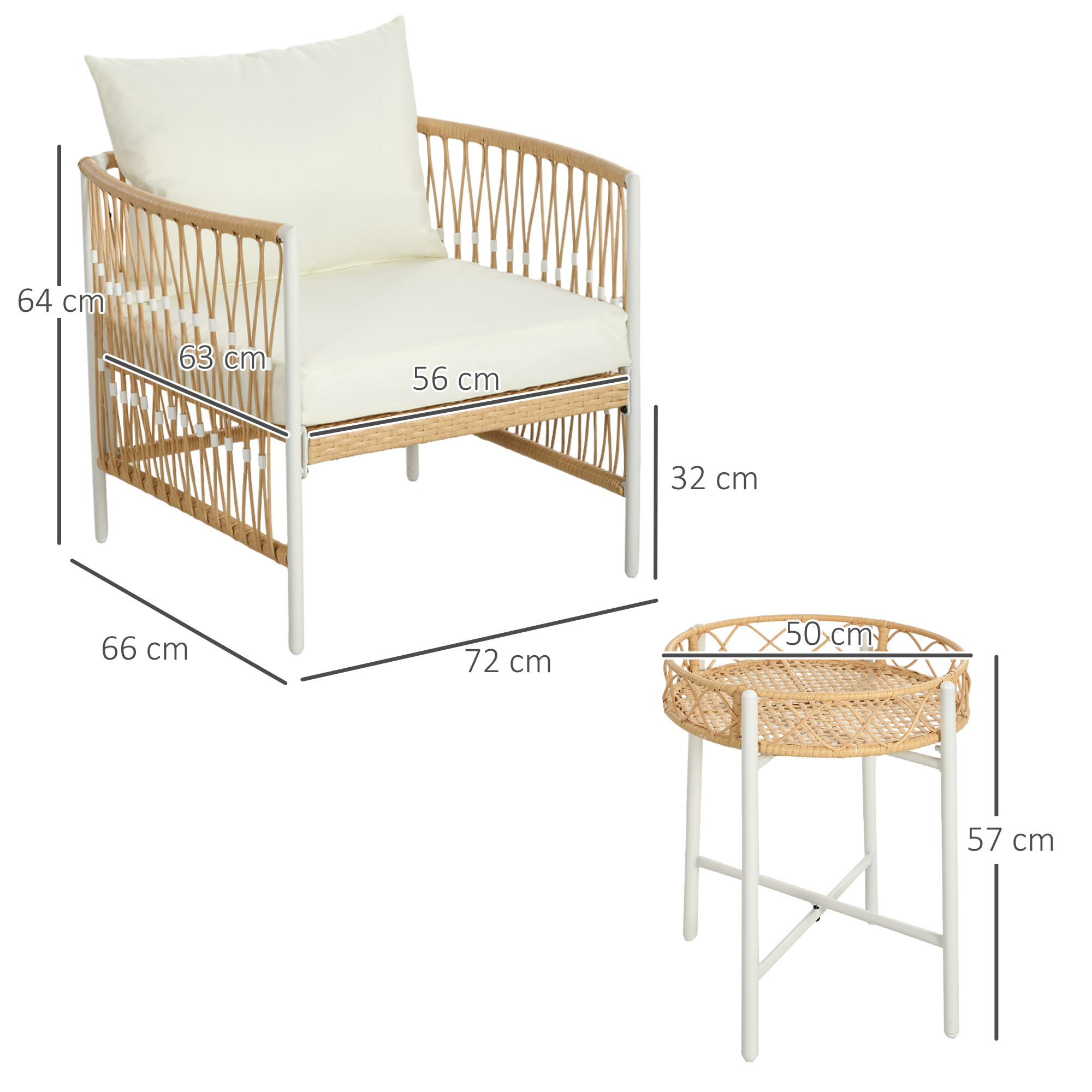 Outsunny 3-delige Bistroset Tuinmeubelset Loungeset, PE-rattan, 72 cm x 66 cm x 64 cm, Geel+Crème