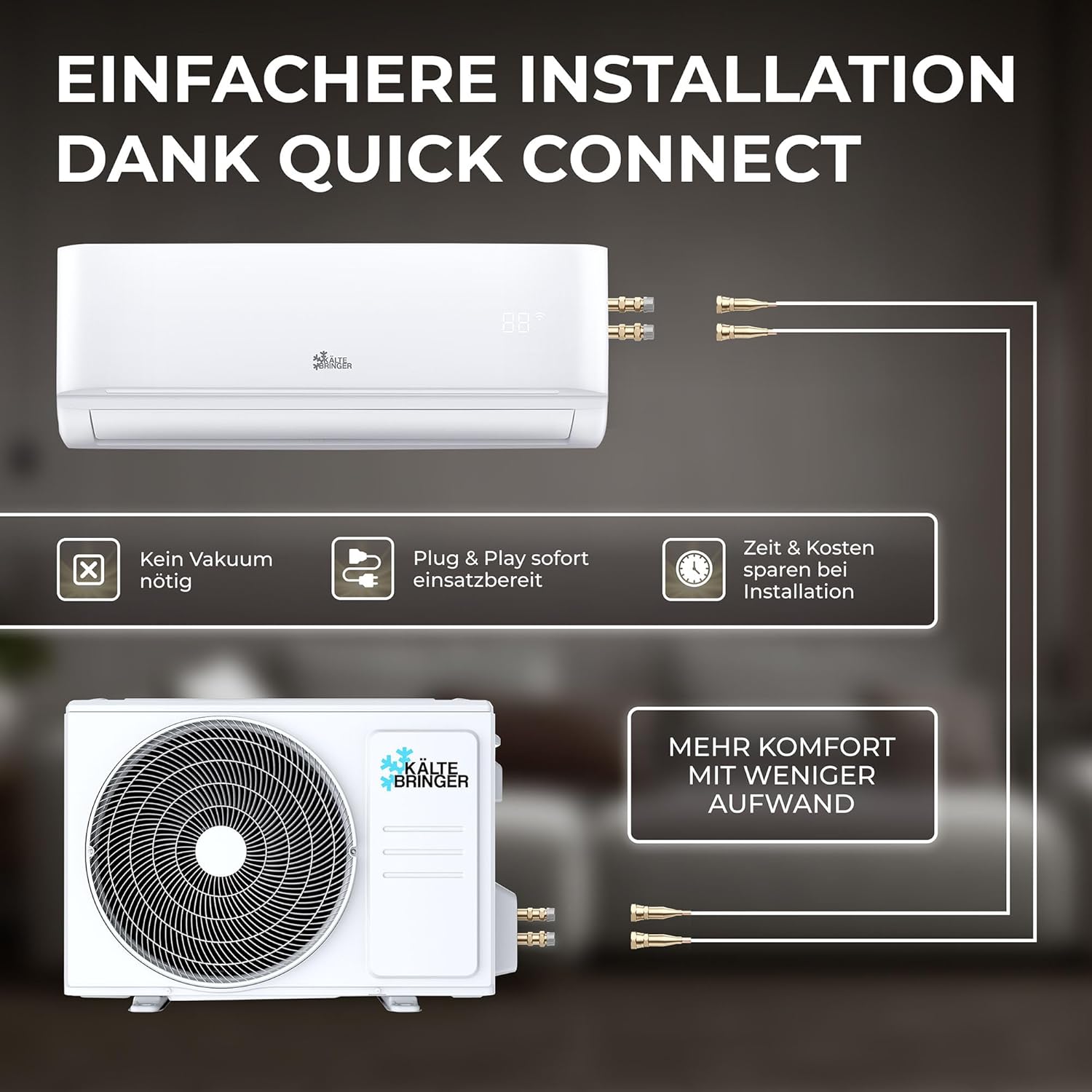 Kältebringer Split Klimaanlage Quick Connect - 12000 BTU (3,5 kW) - Klimagerät mit Heizfunktion, WiFi & App, bis 55qm, sehr leise - 5m Kupferleitung, Kältemittel R32, Montagematerial, Wandhalterung