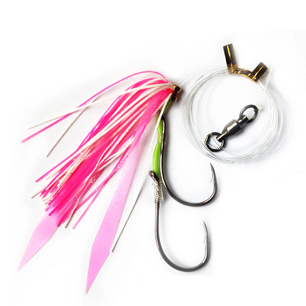 3x Skirt Sliding Fishing Snapper & Gummy Shark Rigs On 3 Different  Green Pink Orange Tackle Hook Beak 2x5/0