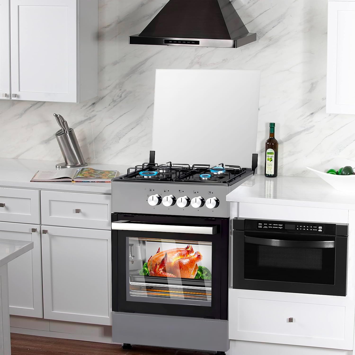 Avilia Cucina a Gas con 4 Fuochi e Forno Elettrico 1900W Integrato 57x88 Argento - Realizzata in Acciaio Inox Resistente è Ideale per Piccoli Ambienti o Esterni con Comoda Lastra Coprifuochi
