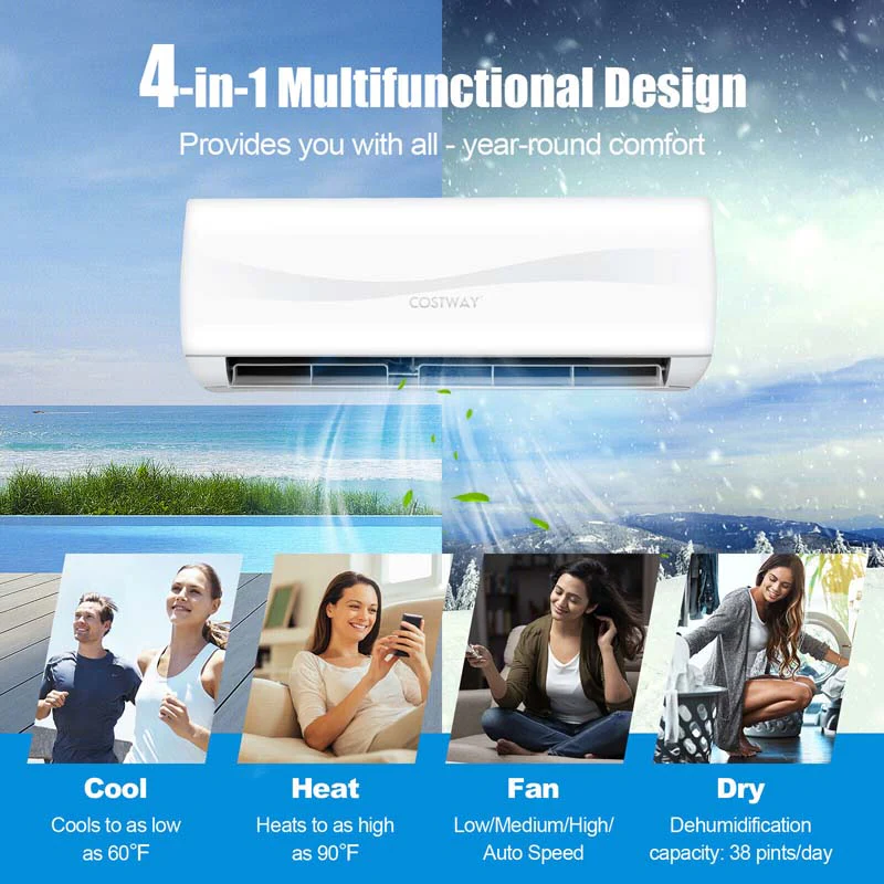 9000 Btu 17 Seer2 Mini Split Air Conditioner Amp Heater Ductless Inverter System 208 230V Wall Mounted Ac Unit With Heat Pump