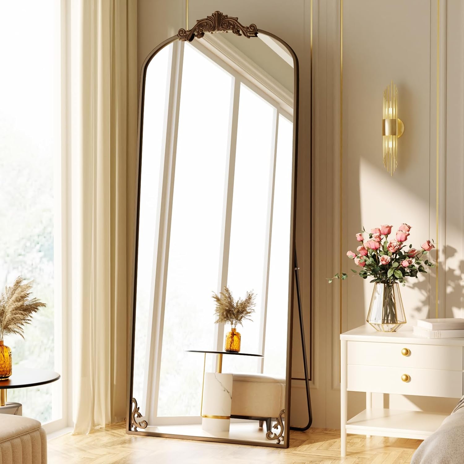Koonmi Specchio da terra vintage curvo Specchio a figura intera, 76x165 cm, Specchio da terra infrangibile a tutta lunghezza con bellissimo processo di incisione retrò per camera da letto, corridoio