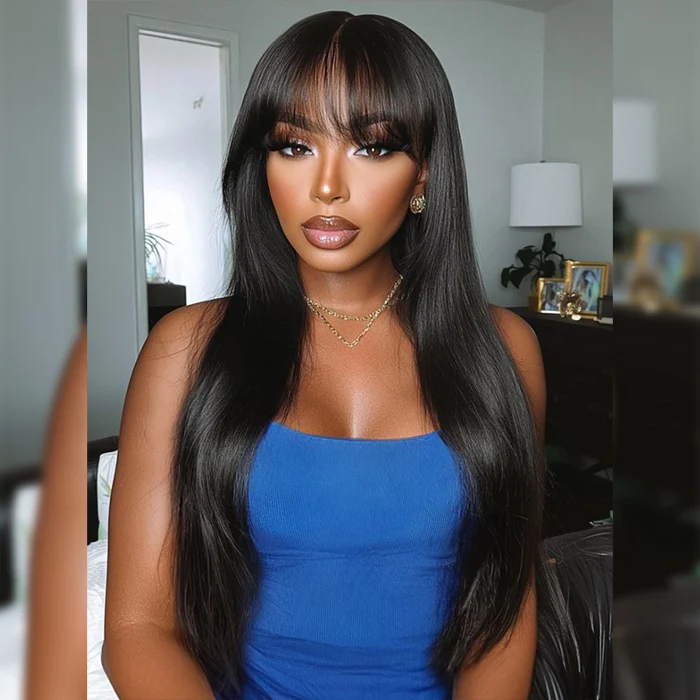 Wipsy Bangs Butterfly Layered Straight Wig Pre Cut 8X5 HD Lace Human Hair Wigs With Adjustable Strap