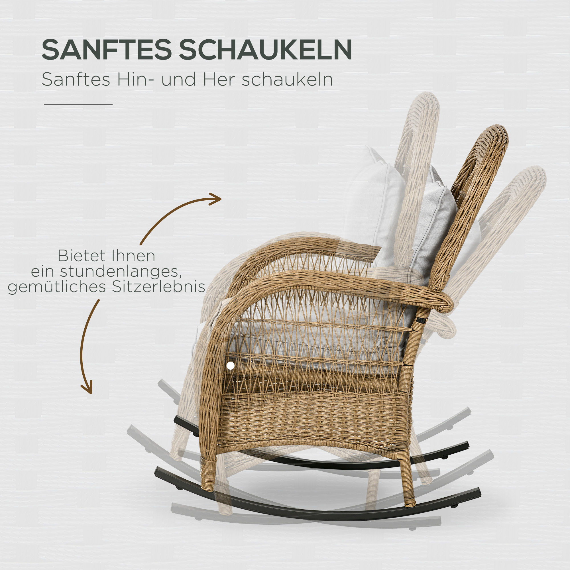 Outsunny schommelstoel in boho-stijl, PE-rotan, rotan schommelstoel, wasbare meubelhoezen, naturel + lichtgrijs