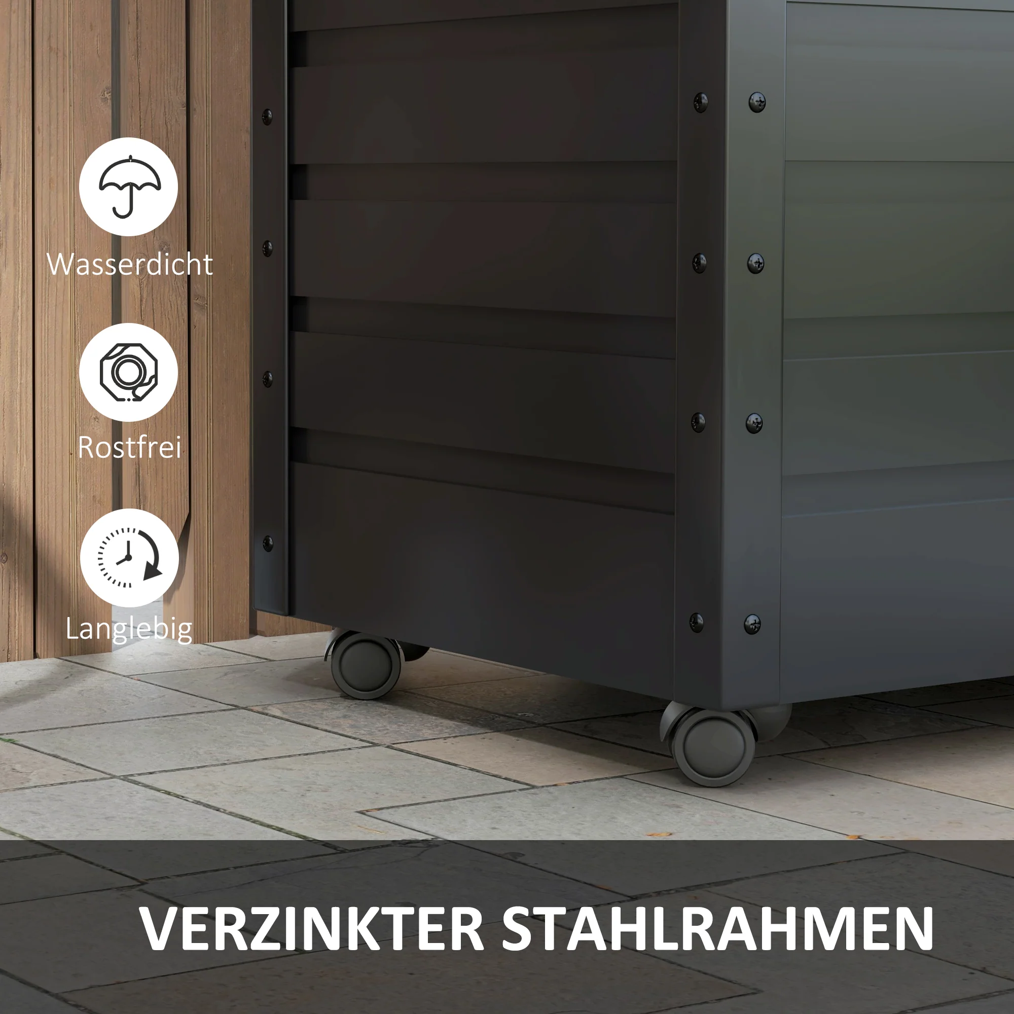 Outsunny Buiten Opbergbox Tuinkist Kussenbox, weerbestendig, 4 Wielen, 100 cm x 62 cm x 65 cm, Donkergrijs
