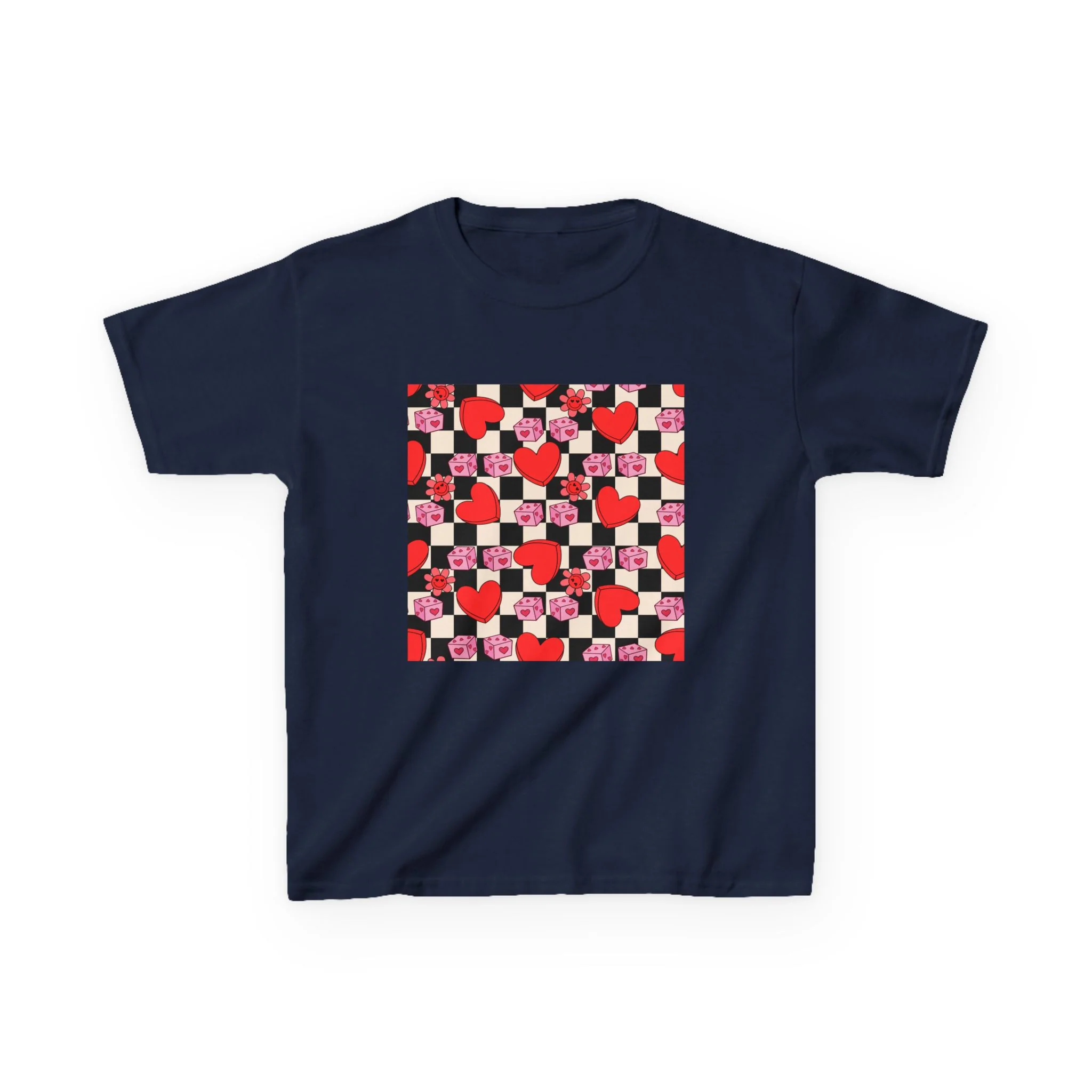 Checkerboard Hearts Kids Tee | Red Pink Black Heart Pattern