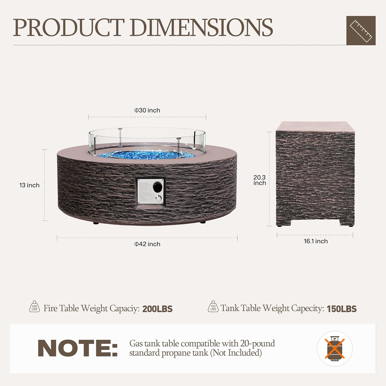 UPHA 42-inch Outdoor Propane Gas Fire Pit Table 50000 BTU Concrete Round FirePit for Outside Patio with Propane Tank Cover, Wind Guard, Blue Glass Rocks, Rain Cover, Reddish Brown