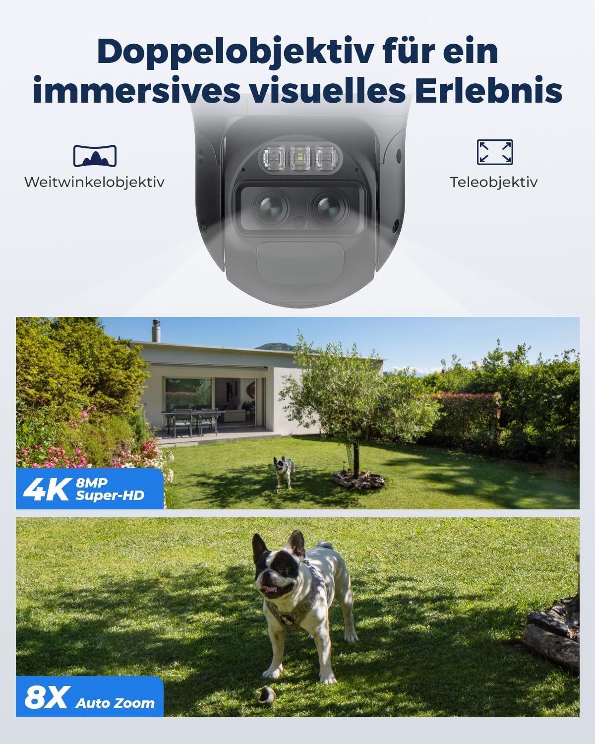 Reolink 4K PTZ Überwachungskamera Aussen Akku mit Auto-Tracking & Auto-Zoom, Dual Lens, 8MP Solar WLAN Kamera Outdoor, 2,4/5GHz WiFi, 30m Farbnachtsicht, KI-Erkennung, 360° View, TrackMix+Solarpanel