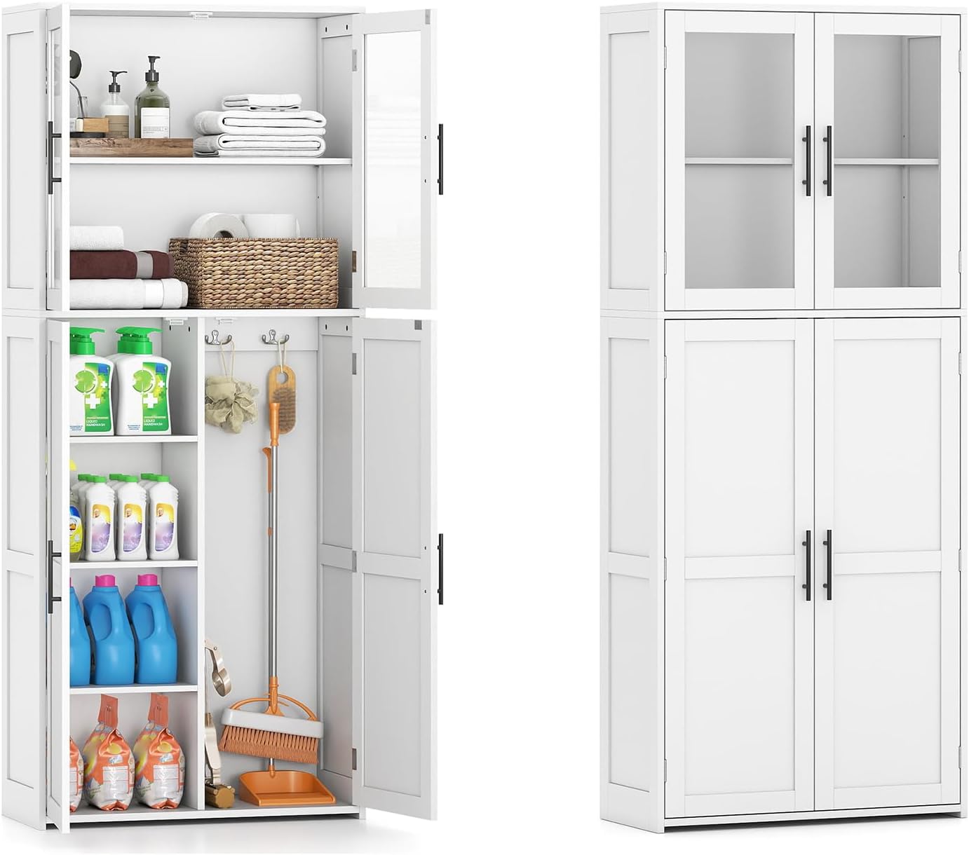 COSTWAY Besenschrank 70cm breit, Mehrzweckschrank Hochschrank mit 2 Haken & Glastüren, Vorratsschrank Holz, Haushaltsschrank Putzschrank für Mops & Staubsauger, 70 x 30 x 168 cm, weiß